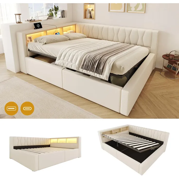 Schlafsofa mit LED-Streifen, Lattenrost, Regal, Rückenlehne, Aufbewahrung, Type-C und USB, 140x200 cm, Polsterbett, Stauraumbett, Tagesbett, Leinen – Bild 4