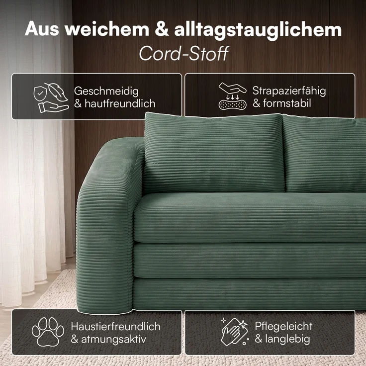 skølm 'Fjäll' Schlafsofa 2 Sitzer mit 2 Kissen, dunkelgrün, Cordsofa ausklappbar, mit Liegefunktion, vakuumverpackt ohne Aufbau – Bild 7