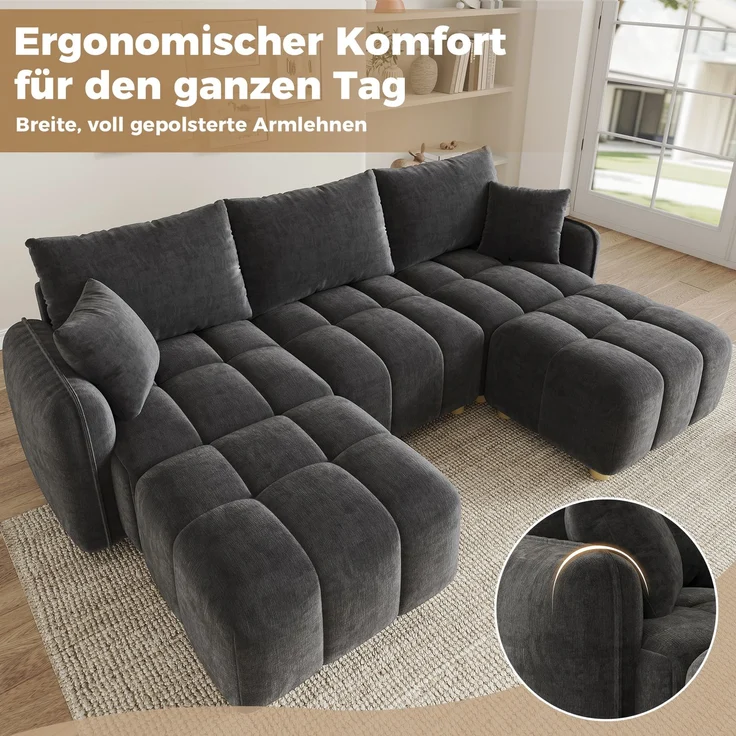 ZUBALIYA L-/U-förmiges wandelbares Ecksofa, 5-Sitzer modulare Sofakombination mit 2 Hockern und Kissen, Chenille-Stoff, Cloud-Sofa, breite Armlehnen, geeignet für Wohnzimmer, Modell N653P7720G – Bild 10