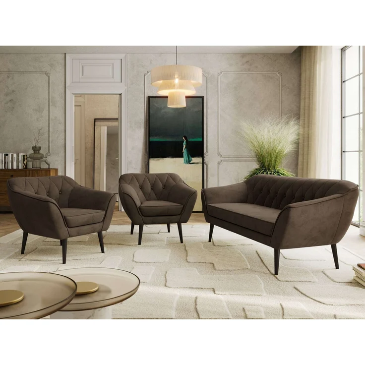 Wohnzimmerset PIRS 1-1-3, Skandinavisches 3-Sitzer Sofa mit Sesseln, Sofa mit Wellenfederung, schwarze Füße, Skandinavisches Möbelset - Braun Velvet – Bild 1