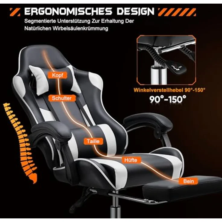 DUMOS Gaming Stuhl Ergonomischer Gaming Stuhl mit Fußstütze Atmungsaktiver PC Stuhl mit verstellbare Lendenkissen Kopfkissen und Armlehnen 150 kg Belastbarkeit Drehsessel – Bild 5