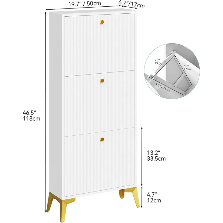 YITAHOME Schuhschrank Hoch mit 3 Schubladen, Schuhschrank Weiss,Schuhkipper Schmal mit Metallbeinen, Schuhkommode Schuhregal für Flur Eingangsbereich Wohnzimmer, Schlafzimmer, 20 x 50 x 118.5 cm – Bild 2