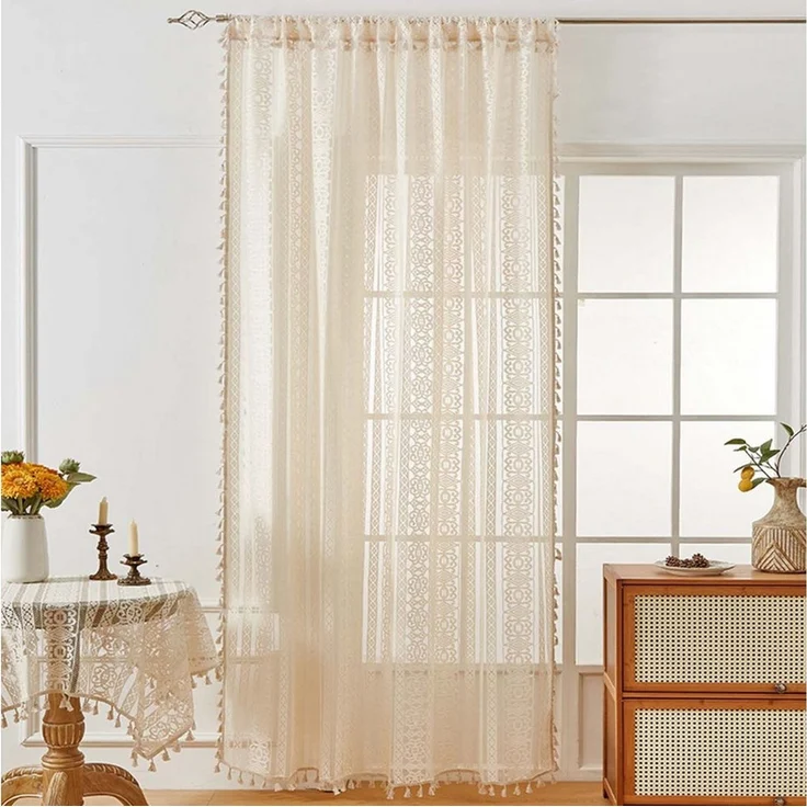 Zyronn Scheibengardine Boho-Quasten-Vorhänge für Wohnzimmer, Vintage-Stil (2 St) – Bild 4