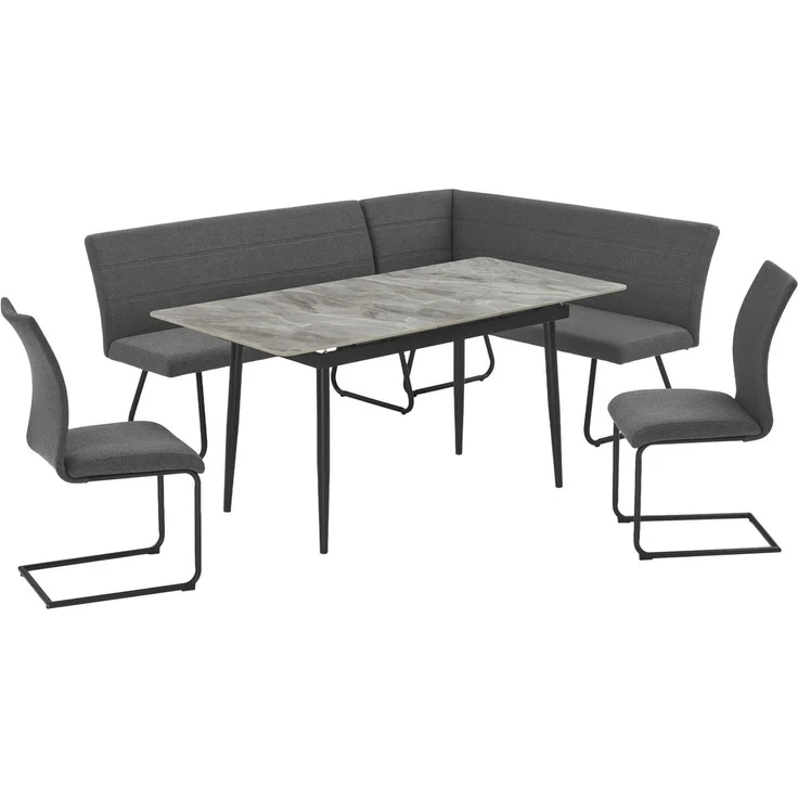 OTTO home Eckbankgruppe Stevian, (Set, 4-tlg, 1 ausziehbarer Esstisch + 1 Eckbank Recamiere links + 2 Stühle), Holz, Strukturstoffbezug, Freischwingerstühle, gesteppten Bänken – Bild 5