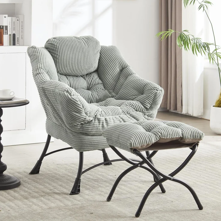 LVHOM Relaxsessel mit Hocker, Loungesessel mit Seitentasche, Lesesessel aus Cordstoff, bequem gepolstert, Metallgestell, bis 180kg belastbar, Hellgrün – Bild 3