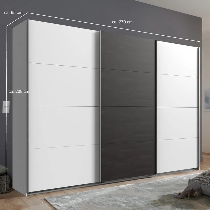 Schwebetürenschrank Kleiderschrank 270 cm 3-türig mit Zubehör in Weiß mit Grau – Bild 6