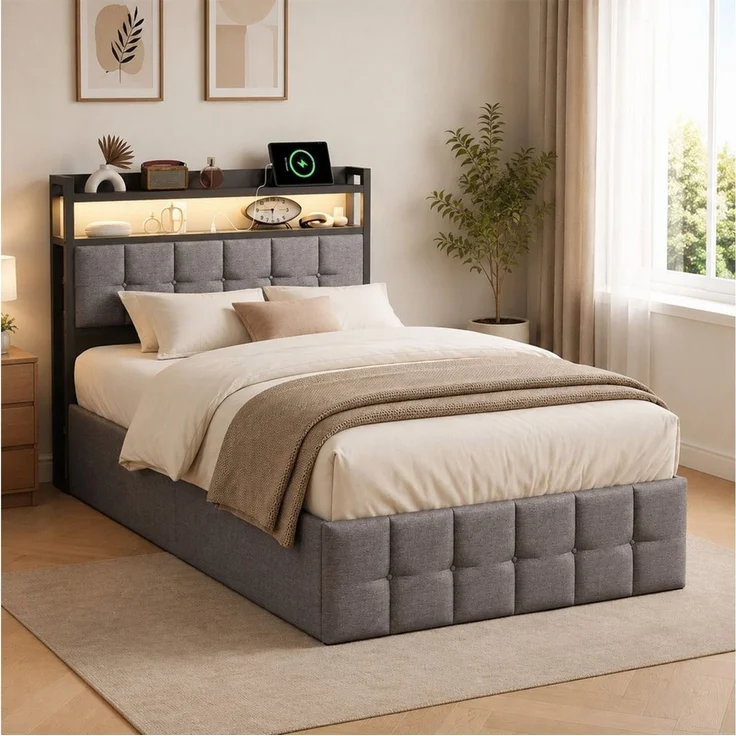 Simurq Stauraumbett Polsterbett 90x200 mit Stauraum, Einzelbett mit Gasdruckfeder (RGB LED, USB & Type-C Anschluss, Stauraum-Kopfteil), Stauraumbett, Bett mit Bettkasten, modernes Einzelbett – Bild 2