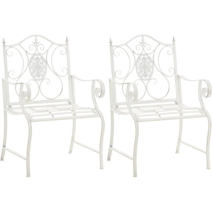 2er Set Gartenstühle AUSTIN - Metall Antik weiß 62x53x94 cm | Gartenstuhl Metall Terrassenstuhl Antik Verzierung Stühle Garten Balkon