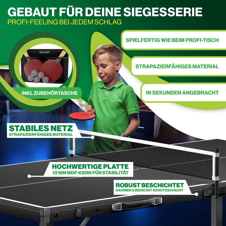 KESSER® Tischtennisplatte Mini mit Tischtennisschläger-Set, Tischtennisbällen und TT-Netz | Indoor | Unterwegs, laminierte Platte + klappbar – Kofferdesign, Kinder und Erwachsene – 153 x 76,5 cm Schwarz / Schwarz – Bild 8