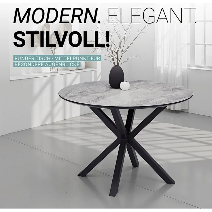 Homestyle4u Essgruppe 5tlg / 3tlg. rund Ø110 2/4 Polsterstühle grau Metallgestell Steinoptik, (3-tlg), 3-teilig, kratzfest, mspritzwasserfest, Tisch mit Essstuhl – Bild 2