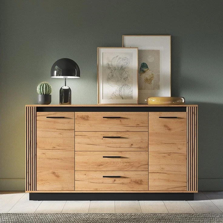Lomadox Wohnzimmer-Set URBANIA-131, (Mega-Spar-Set, 3-St, Kommode Vitrinenschrank Wandregal), Wohnzimmer Set Vitrine Sideboard Wandboard in Eiche mit schwarz – Bild 1