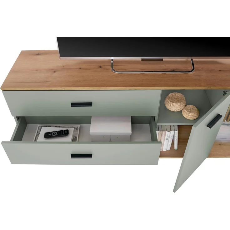 NARVA TV-Lowboard mit LED-Beleuchtung in Salbei, Evoke Eiche Optik - TV Schrank mit viel Stauraum für Ihr Wohnzimmer - 179 x 67 x 44 cm (B/H/T) – Bild 4
