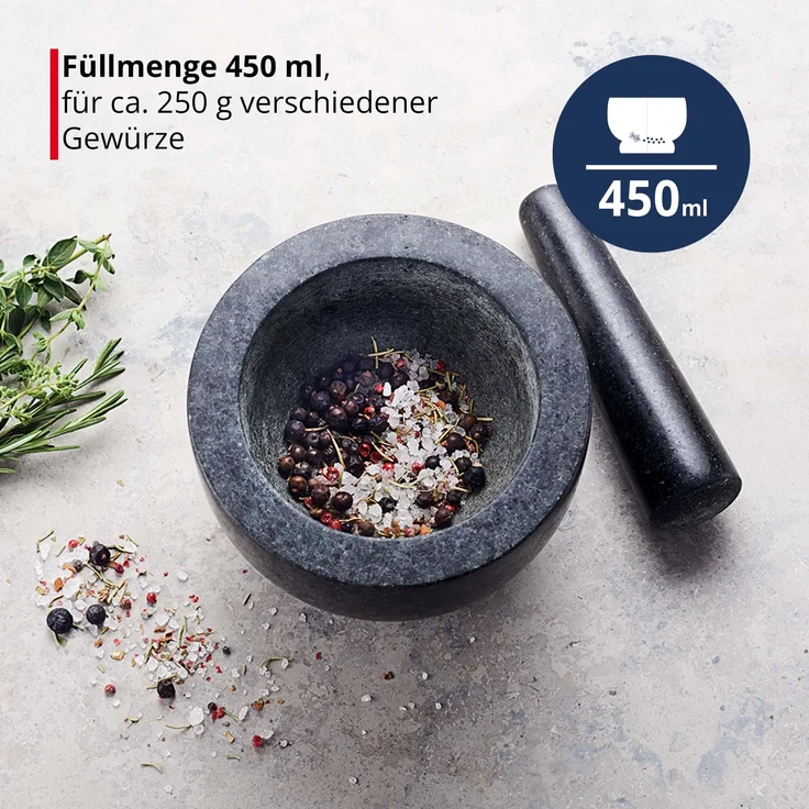 MEISTERKOCH Mörser mit Stößel Granit für Gewürze, Schwarz groß XXL mit 3,5 kg rutschfest, polierter Steinmörser, Innenfläche & Stößelspitze rau, Gewürzmörser massiv mit 15cm Ø & 450ml – Bild 3