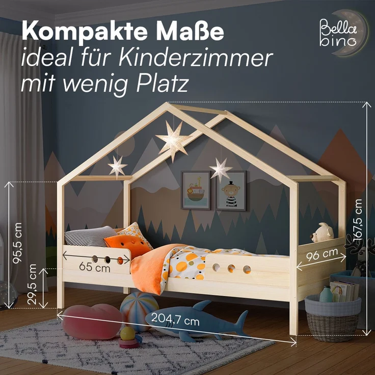 Bellabino 'Bela' Hausbett 90x200 cm mit Matratze, natur, Kiefer Massivholz, Montessori Kinderbett mit Rausfallschutz und Lattenrost – Bild 9