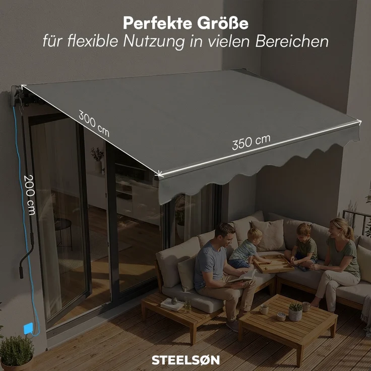 STEELSØN 'Kestria' elektrische Gelenkarmmarkise 350x300 cm mit LEDs, Markise anthrazit, Terrassenmarkise selbst montierbar – Bild 9