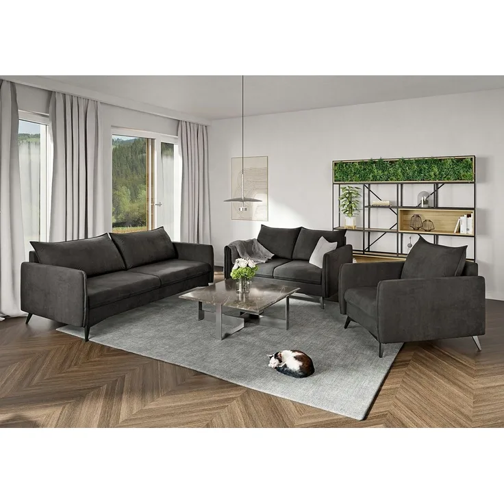 S-Style Möbel Polstergarnitur 3+2+1 Azalea mit Schwarz Metall Füßen aus Luxusmikrofaser, (1x3-Sitzer-Sofa, 1x2-Sitzer-Sofa, 1x Sessel), mit Wellenfederung