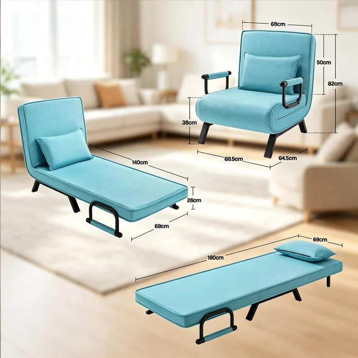 Klappstuhl mit Bettfunktion 80 x 74 x 82 cm – 3-in-1 Schlafstuhl mit verstellbarer Rückenlehne – Bild 5