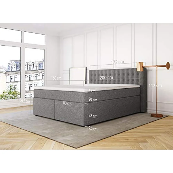 Betten Jumbo King Boxspringbett 160x200 cm 7-Zonen TFK Härtegrad H3 und Visco-Topper | Farbe Hellgrau | div. Größen verfügbar – Bild 3
