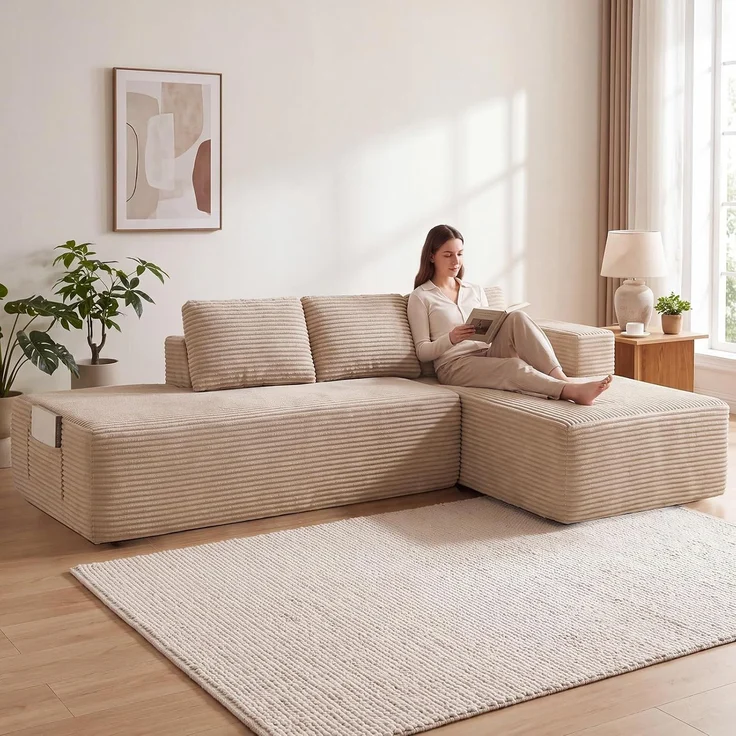 COMHOMA Ecksofa mit Schlaffunktion, 255cm Corduroy Modulares Boneless Couch mit Chaiselongue & Rücken-Metallgestell, L-Form Schlafsofa mit offenem Design, Kissen & Seitentaschen,für Wohnzimmer, Beige-L – Bild 3