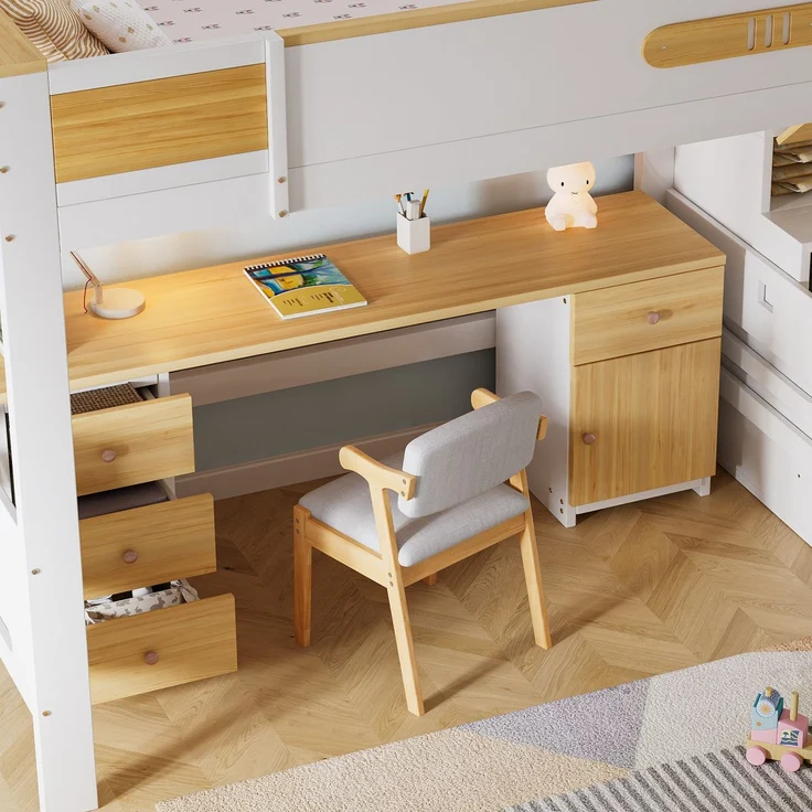 Hochbett mit Schreibtisch, Rausfallschutz, Lattenrost und Stauraum, 90x200 cm, Kinderbett, Kiefer – Bild 5