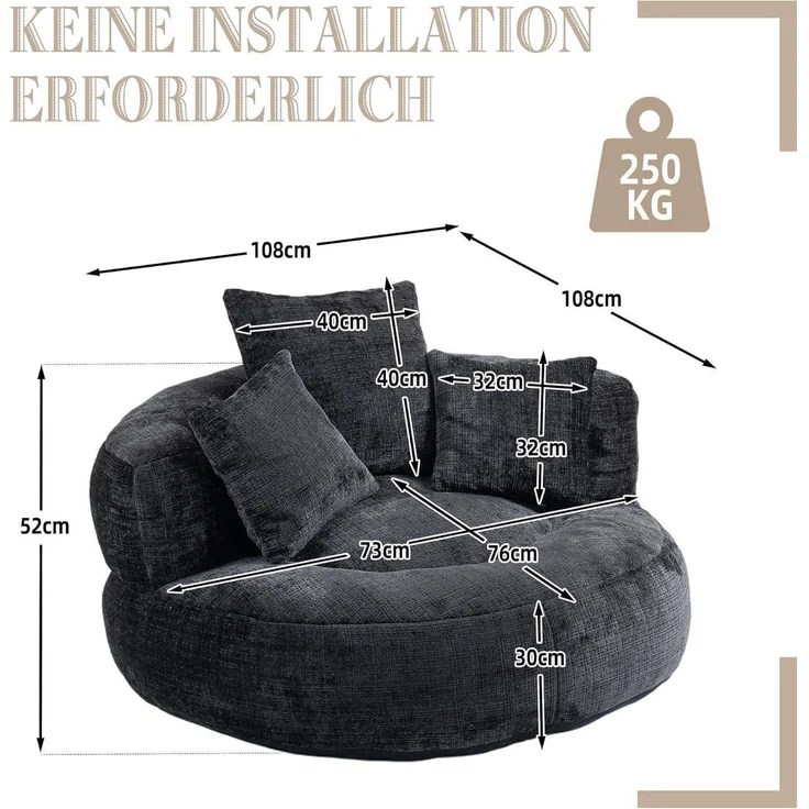 Couch Sitzsack Lounger Boneless Chenille 3 Kissen Gaming Schwarz – Bild 2