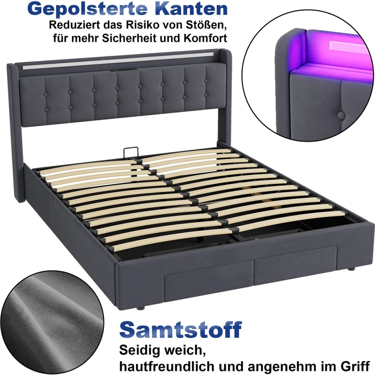Polsterbett 160 x 200 cm, Samt, mit Bettkasten, Schubladen, USB-Anschluss und LED-Beleuchtung, Dunkelgrau – Bild 8