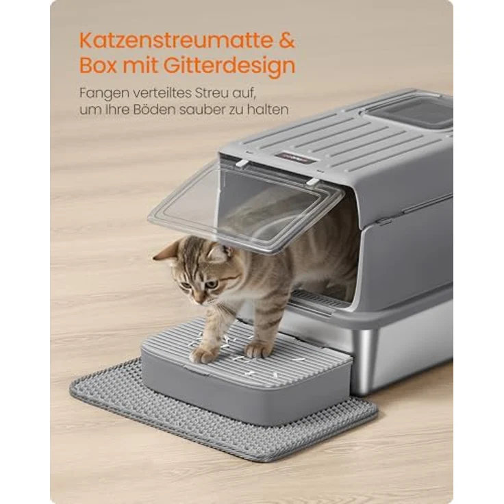 Feandrea Katzenklo Edelstahl, mit Deckel, Schaufel, Katzenstreumatte | Katzentoilette, mit 2 Eingängen, für Katzen bis 15 kg, Schiefergrau, BOXAL Kollektion PPT007GN01 – Bild 7