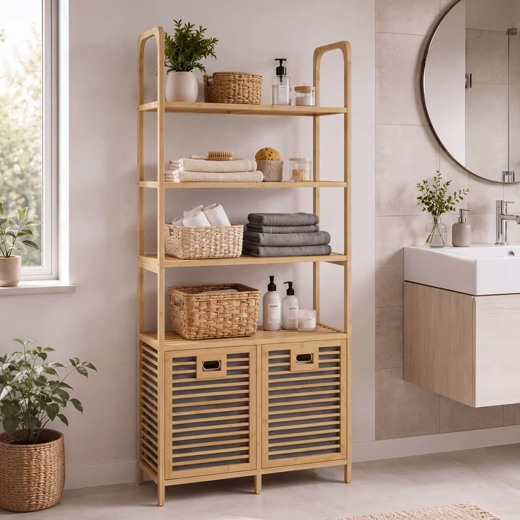 Bambus-Badezimmerschrank HWC-N83, Regal Badschrank, 2 Wäschekörbe 4 Regalböden MVG 168x81x33cm ~ natur, Korb grau – Bild 1