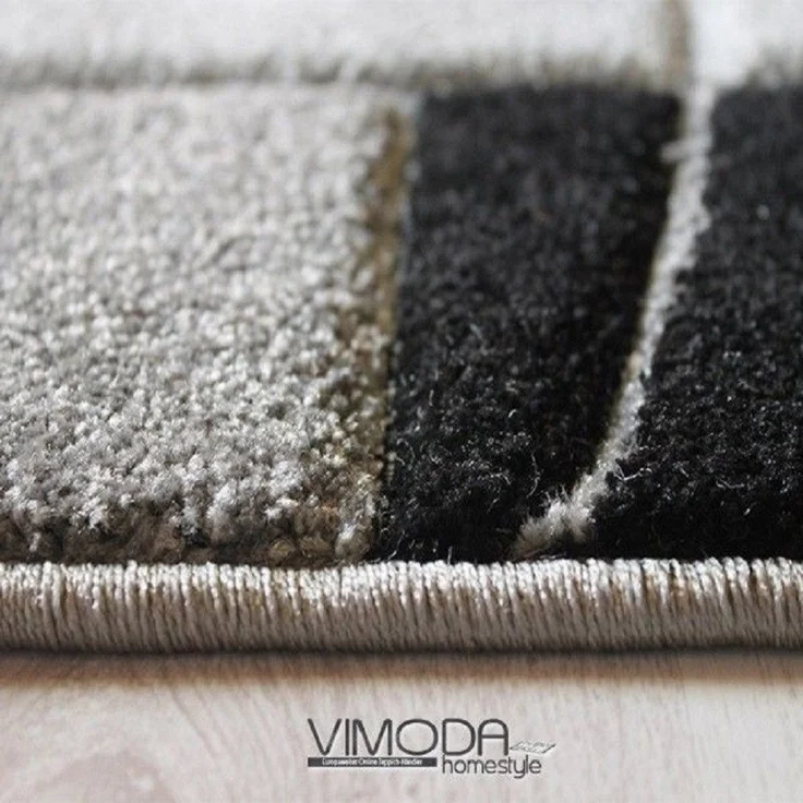 Vimoda Teppich Teppichwohnzimmer Grau Klassiker Kurzflor dicht gewebt, Rechteckig, Höhe: 13 mm, Teppich mit Bordürenmotiv grau weiß schwarz und Konturenschnitt – Bild 2