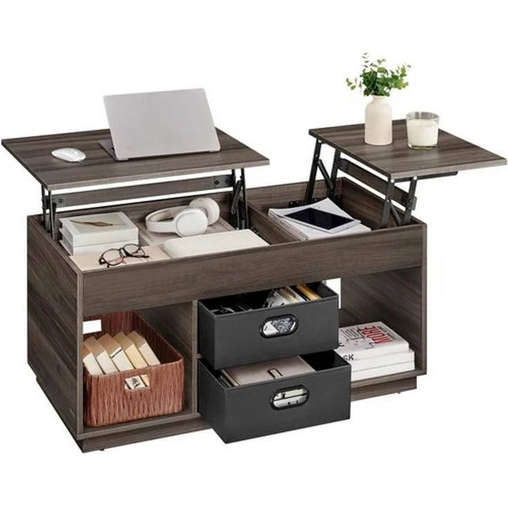 Vasagle Couchtisch, höhenverstellbarer Wohnzimmertisch, 2 Schubladen und versteckte Fächer, Kaffeetisch, offene Fächer, für Wohnzimmer, Homeoffice, aschbraun – Bild 1