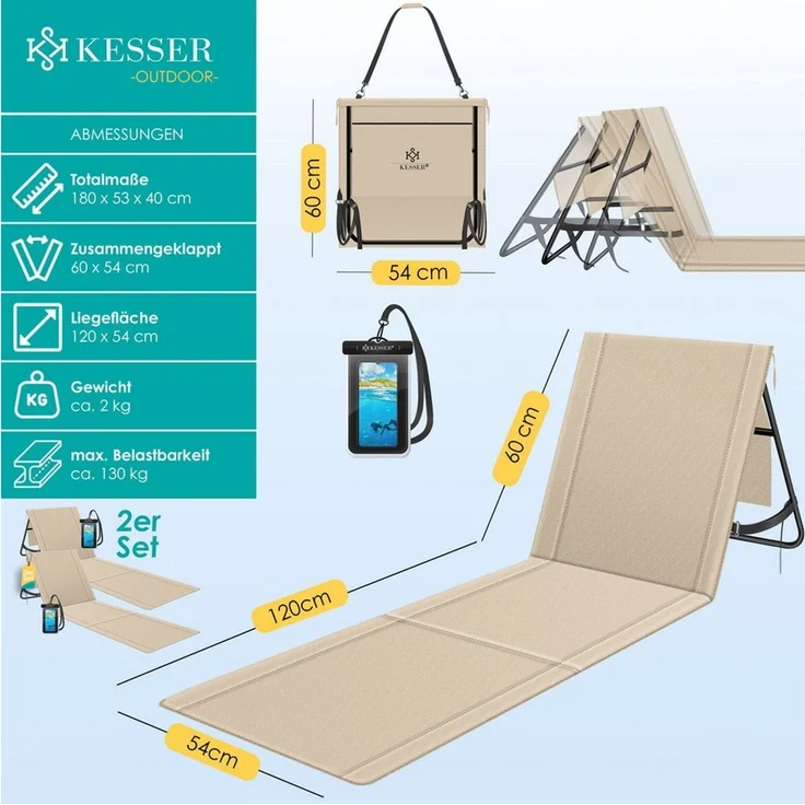 KESSER® Strandmatte klappbar mit verstellbarer Rückenlehne, Strandliege faltbar mit Tragegurt, wasserdichter Handyhülle & Aufbewahrungstasche, Sonnenliege für Strand Garten Terrasse, Liegematte 130Kg Beige, 2er Set – Bild 5