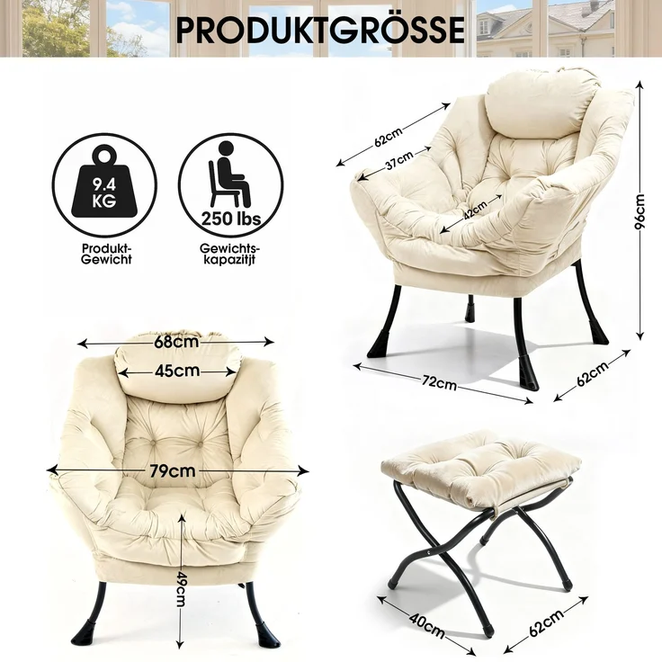Loungesessel Set mit Hocker, Polyester Bezug, Metallgestell, bis 150kg, ergonomisch, klappbar, für Wohnzimmer Garten,Beige – Bild 5