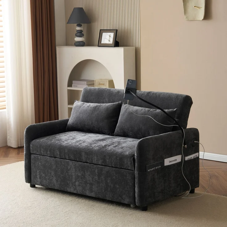 ZUBALIYA Schlafsofa 163x81 cm, mit USB - Anschluss, mit Ausziehbett, mit Chenille - Bezug, mit Samtbezug, mit Schaumstoffpolsterung, Weiß – Bild 8