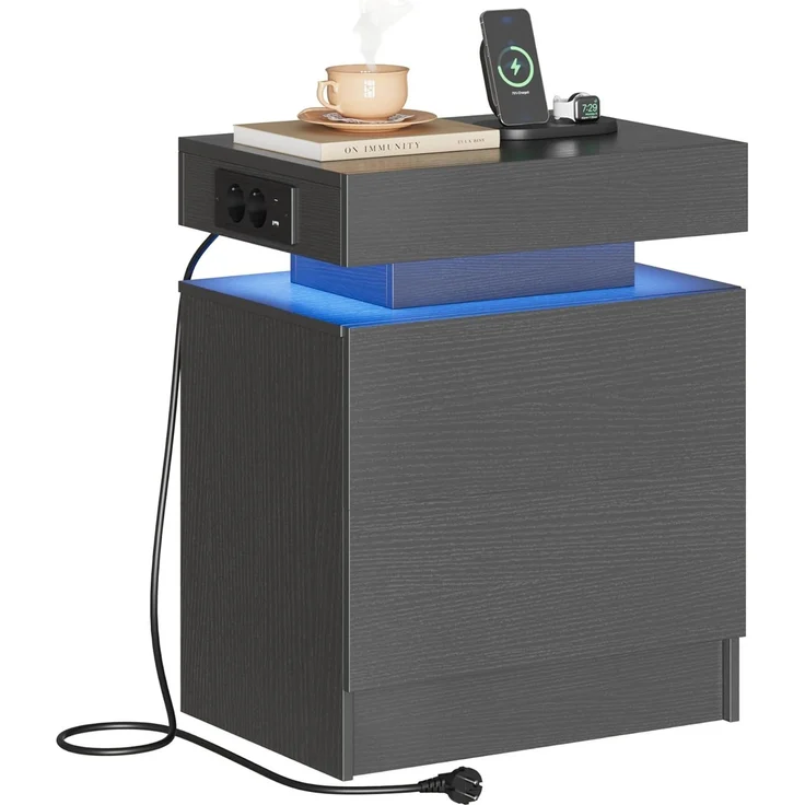 IRONCK Nachttisch Grau mit LED-Licht & Ladefunktion, Beistelltisch mit USB+Typ-C Anschlussen, Nachtschrank mit 2 Schubladen, Sofatisch für Schlafzimmer, Wohnzimmer, 35 x 48 x 60 cm – Bild 1