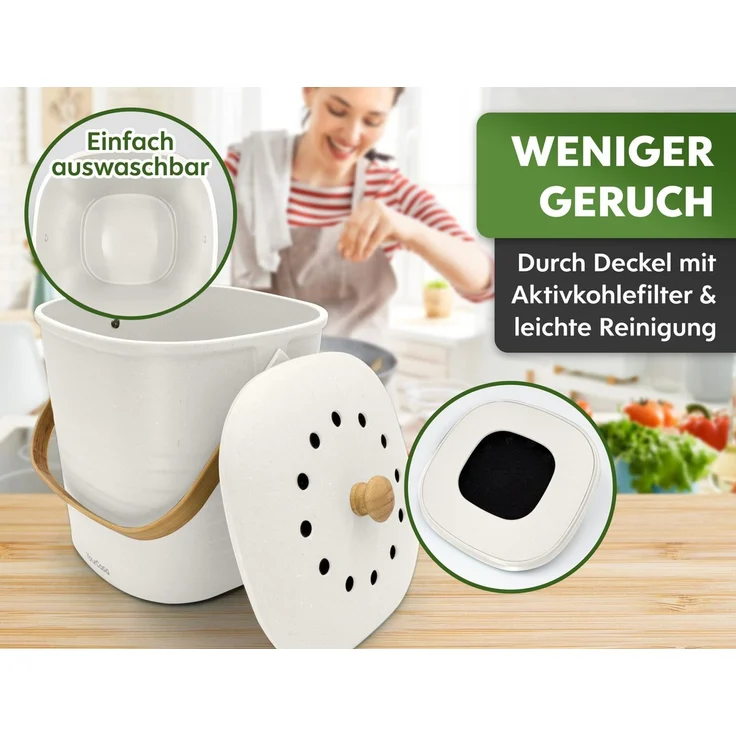 YourCasa Biomülleimer YourCasa® Biomülleimer Küche Klein 4L nachhaltig mit Akivkohlefilter, Fassungsvermögen 4 Liter, Nachhaltige Materialien – Bild 3