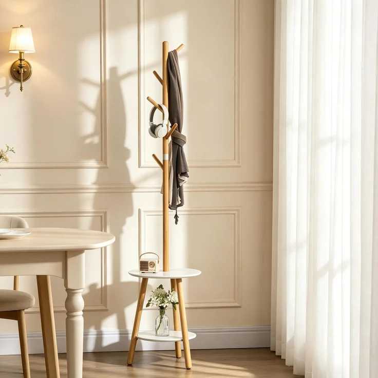 Garderobenständer 39,5 x 39,5 x 171 cm aus Bambus, MDF und Aluminium mit 5 Haken und 2 runden Ablagen – Bild 3