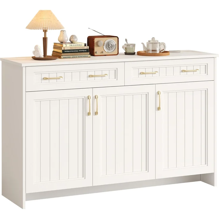 Sideboard 140 x 40 x 90 cm in Weiß mit 2 Schubladen, 3 Türen und verstellbaren Einlegeböden – Bild 5
