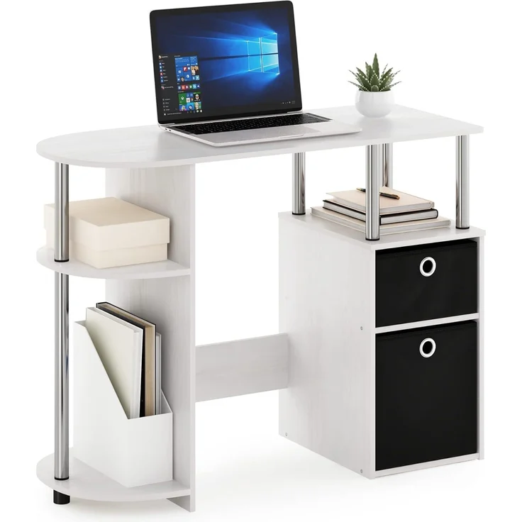 Furinno JAYA Simplistisch Computer-Schreibtisch mit Schubladen, Weiße Eiche/Chrom/Schwarz – Bild 1