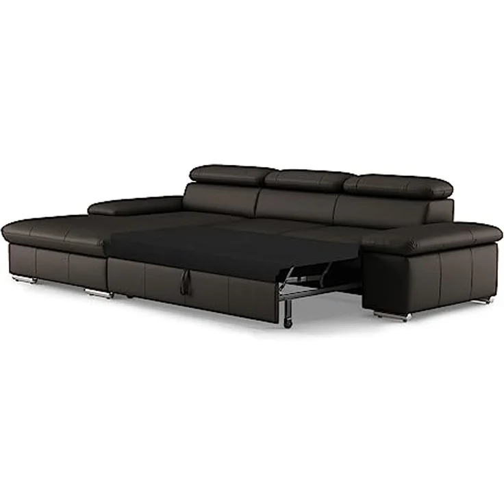 CAVADORE Echtleder-Schlafcouch Valerie mit XL-Longchair / Ecksofa mit Bettfunktion, Kopfteilverstellung + großem Longchair / 286 x 73 x 174 / Leder Dunkelbraun – Bild 4