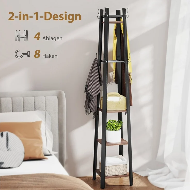 HOMCOM Garderobenständer Kleiderständer mit 4 Ablagen und 8 Haken, (Jackenständer, 1 St, Garderobe), für Kleidung, Tasche und Hut, für Flur und Schlafzimmer Braun – Bild 3