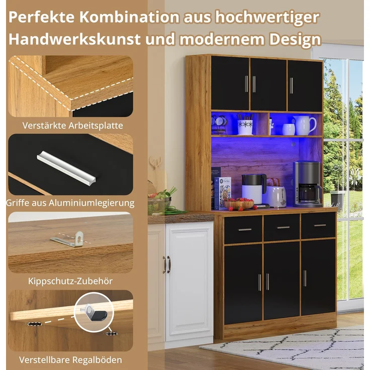 100x40x180cm, multifunktionales Buffet mit LED-Beleuchtung mit APP-Steuerung, Schubladen, verstellbaren Einlegeböden, Kabelführungslöchern und Steckdosen, ideal für Küchen und Esszimmer – Bild 6
