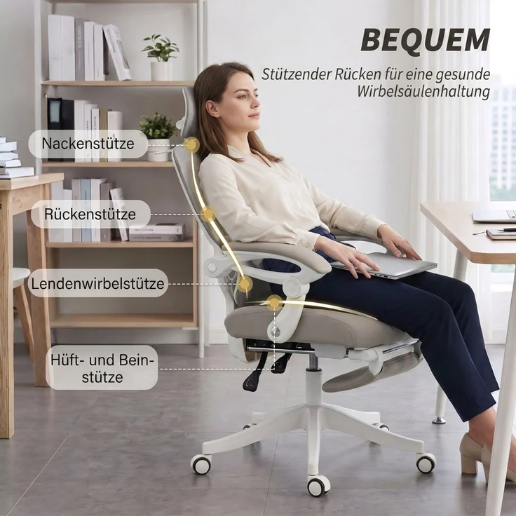 MELAYR, Bürostuhl, Ergonomischer Schreibtischstuhl mit Fußstütze, Wippfunktion, Armlehne, 70 x 71 x 129 cm, Hellgrau – Bild 6