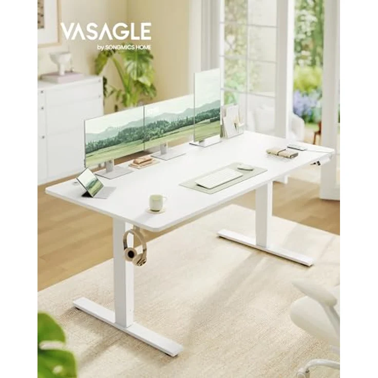 VASAGLE Höhenverstellbarer Schreibtisch, 160x80 cm, USB-C-Anschluss, Ablage für Steckdosenleiste, Stehtisch, Erinnerung bei langem Sitzen, 3 Speichertasten, für Büro, mattweiß LSD146WZ02 – Bild 3