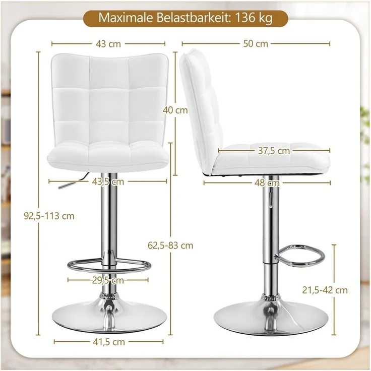 Yaheetech Barhocker Drehhocker mit Fußstütze (4 St), Barstühle 360°Drehbar Küchenstühle Sitzhöhe 62,5 cm - 83 cm – Bild 3