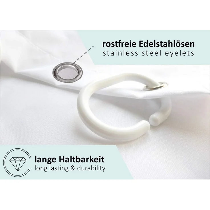 arteneur® - Herz - Anti-Schimmel Duschvorhang 180x200 - Recycelt mit Öko-Tex Standard 100 - Beschwerter Saum, Blickdicht, Wasserdicht, Waschbar, 12 Ringe & E-Book mit Reinigungs-Tipps – Bild 4