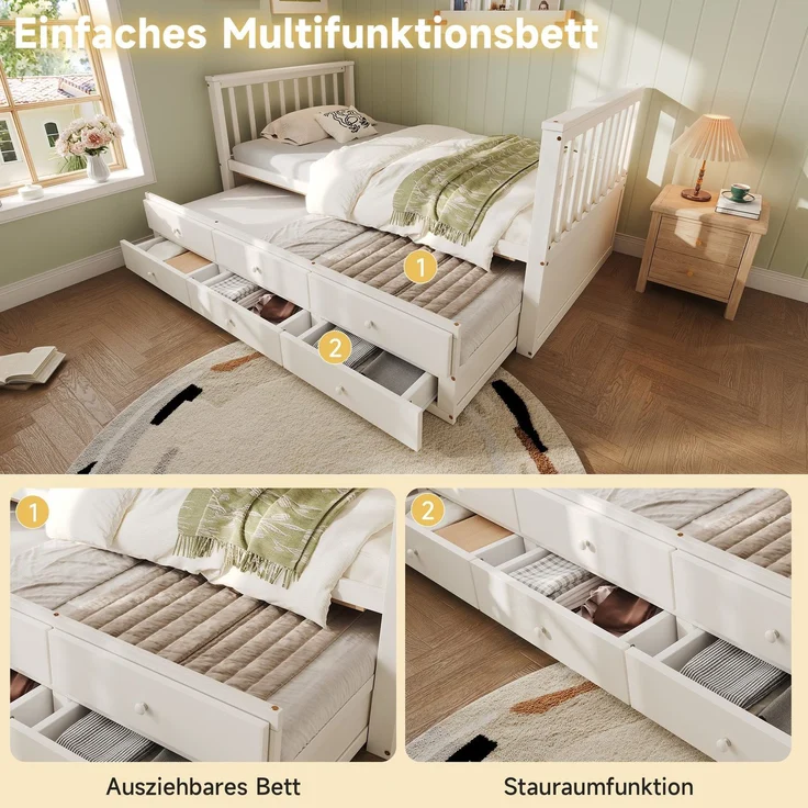 Holzbett mit Lattenrost, Gästebett und Schubladen, 90x200cm, Einzelbett mit ausziehbarer Liegefläche, Kopf-/Fußteil, Kiefer – Bild 4