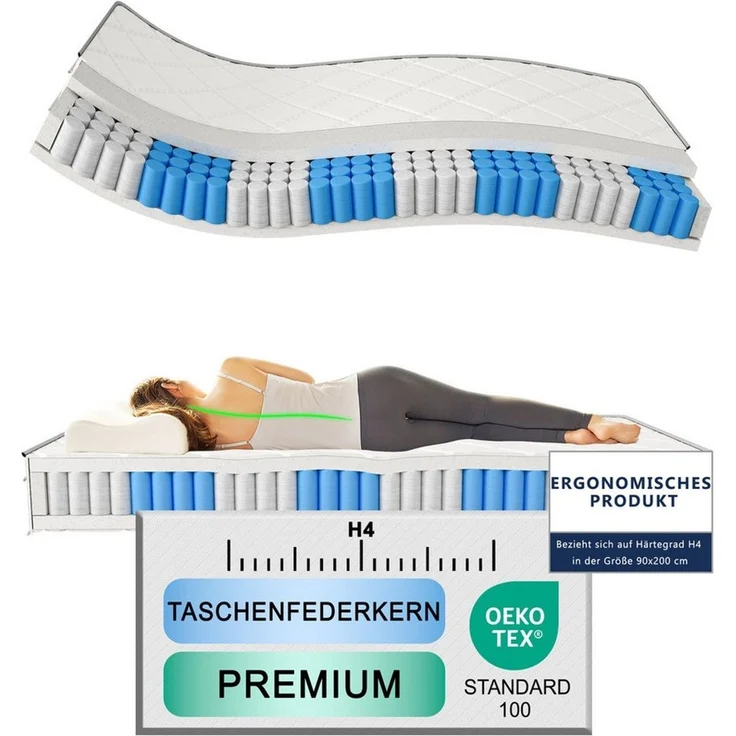 Taschenfederkernmatratze Federkernmatratze Mit Gel-Memory-Schaum, 7-Zonen, GLIESE, 25 cm hoch, 90x200 cm, OEKO-TEX® Standard 100 zertifiziert, Härtegrad H4 – 25 cm – Bild 2