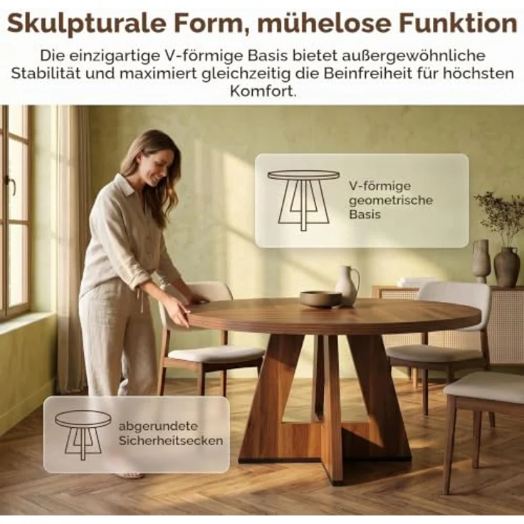 LITTLE TREE Runder Esstisch 120 cm, Esszimmertisch mit Holzsockel für 4–6 Personen, Kleiner Küchentisch im Minimalistischen Design, für Wohnzimmer Balkon Esszimmer, Retro Braun – Bild 4