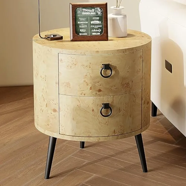 GarveeLife Sofa-Enden, runder Nachttisch mit Schubladen, Beistelltisch, Holz, 2 Schubladen, für Schlafzimmer, Wohnzimmer, 47 x 47 x 55 cm