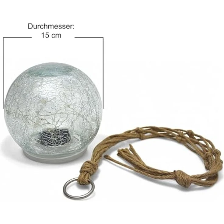 Arnusa LED Solarleuchte Solarlampe Garten als Hängelampe und Tischlampe Solar Kugel 2er Set, Dämmerungssensor, LED fest integriert, warmweiß, Boho-Stil mit hochwertigem Glas mit Jute Netz – Bild 7